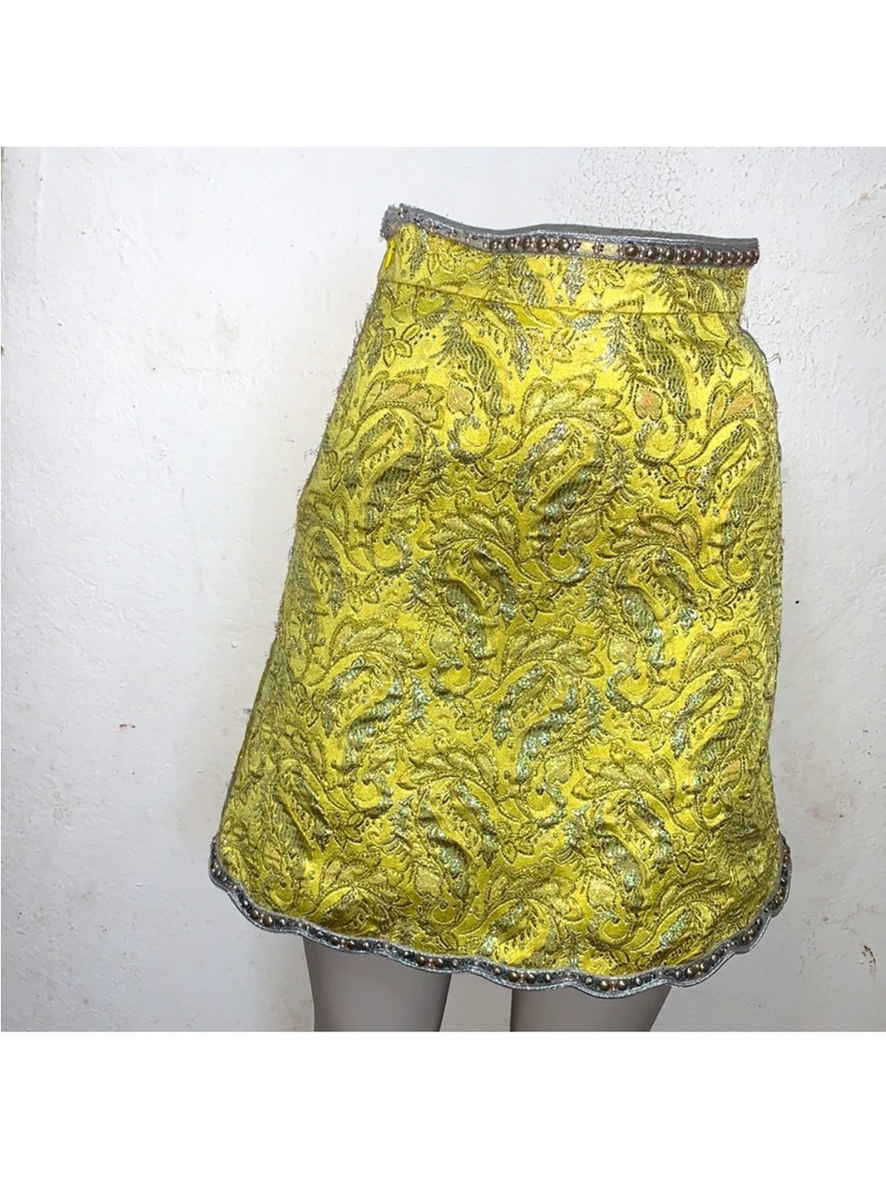 Gucci Yellow Paisley Embroidered Mini Skirt with Metallic Trim